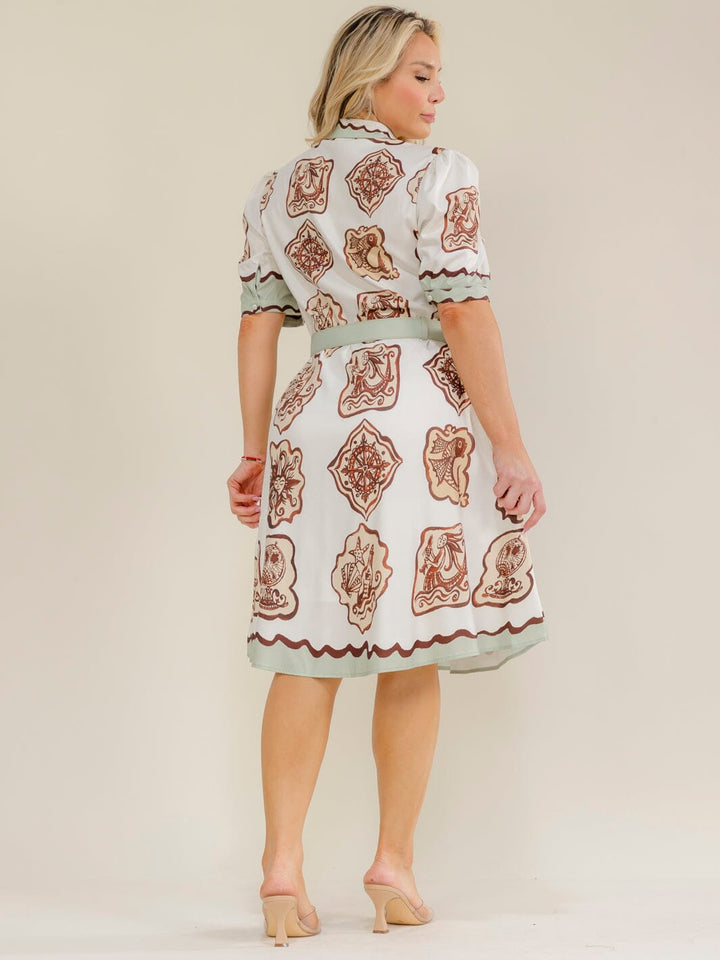 PLUS SIZE SHORT SLEEVE BUTTON UP BELTED MULTI PRINT MIDI DRESS