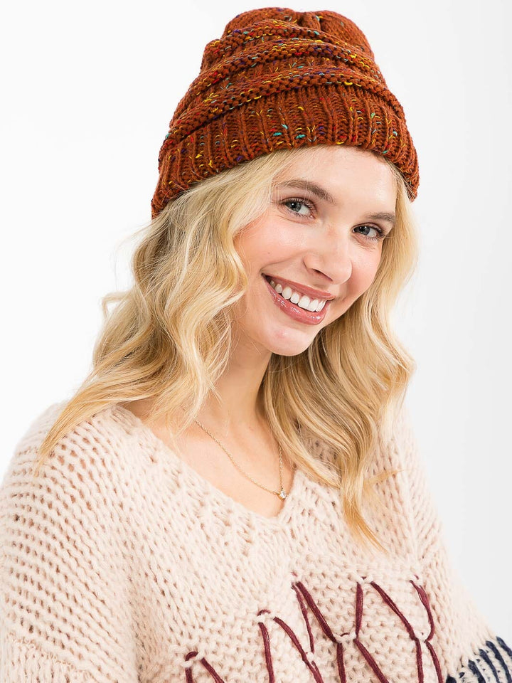 FASHION MULTI PRINT KNITTED PONY TAIL BEANIE