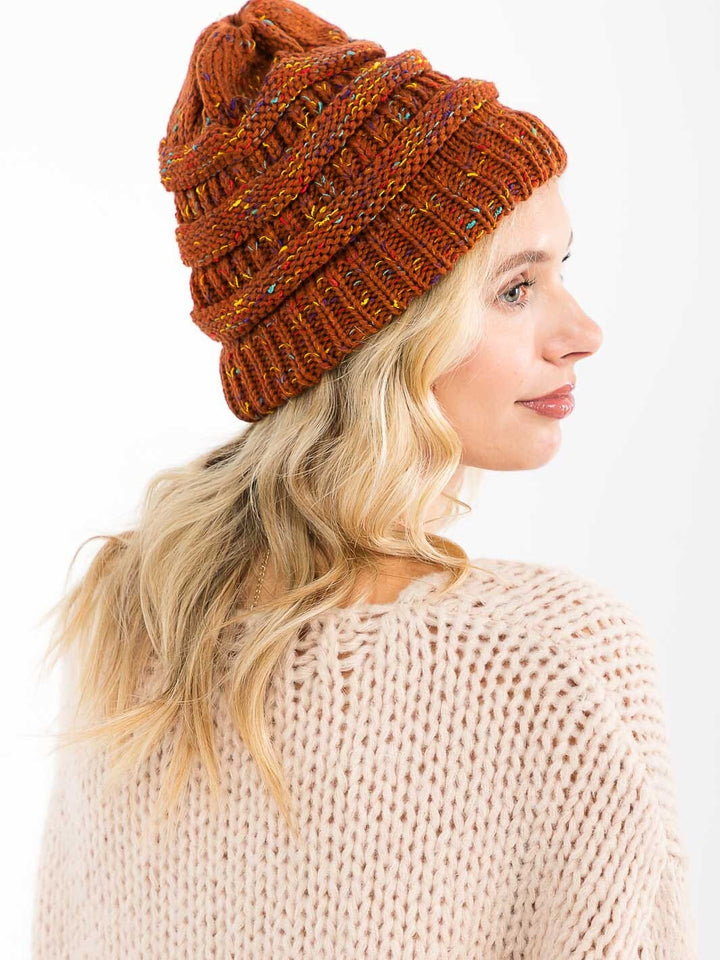 FASHION MULTI PRINT KNITTED PONY TAIL BEANIE