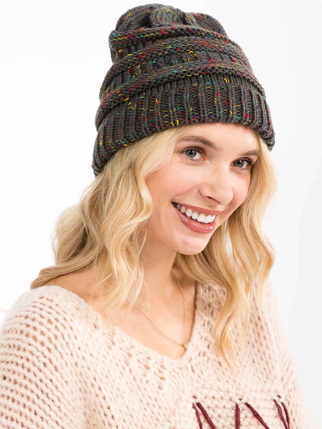 FASHION MULTI PRINT KNITTED PONY TAIL BEANIE