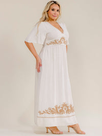 PLUS SIZE SHORT SLEEVE V-NECK ELASTIC WAIST EMBROIDERY MAXI DRESS