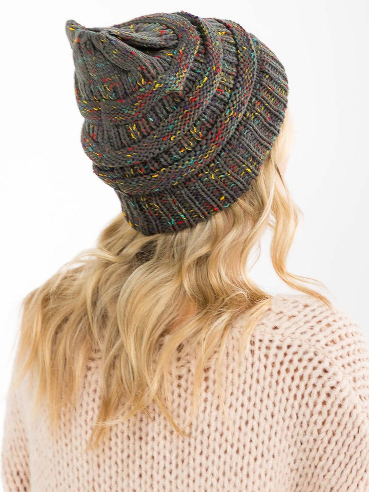 FASHION MULTI PRINT KNITTED PONY TAIL BEANIE