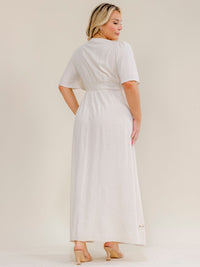 PLUS SIZE SHORT SLEEVE V-NECK ELASTIC WAIST EMBROIDERY MAXI DRESS