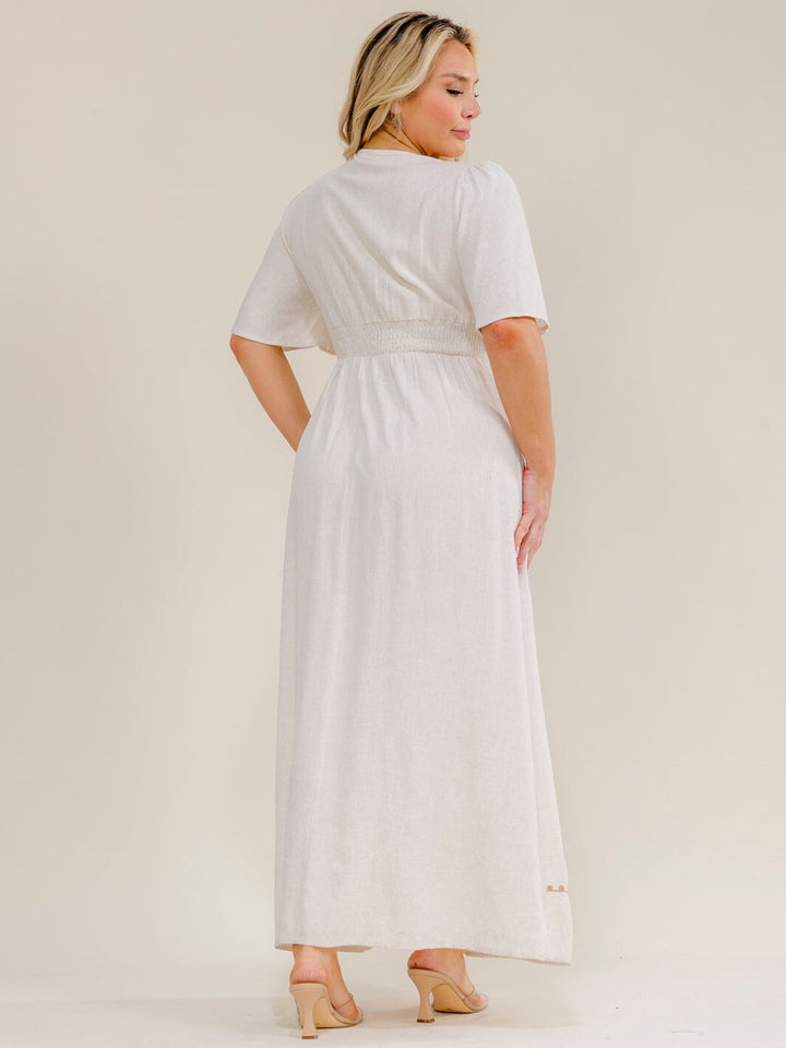 PLUS SIZE SHORT SLEEVE V-NECK ELASTIC WAIST EMBROIDERY MAXI DRESS