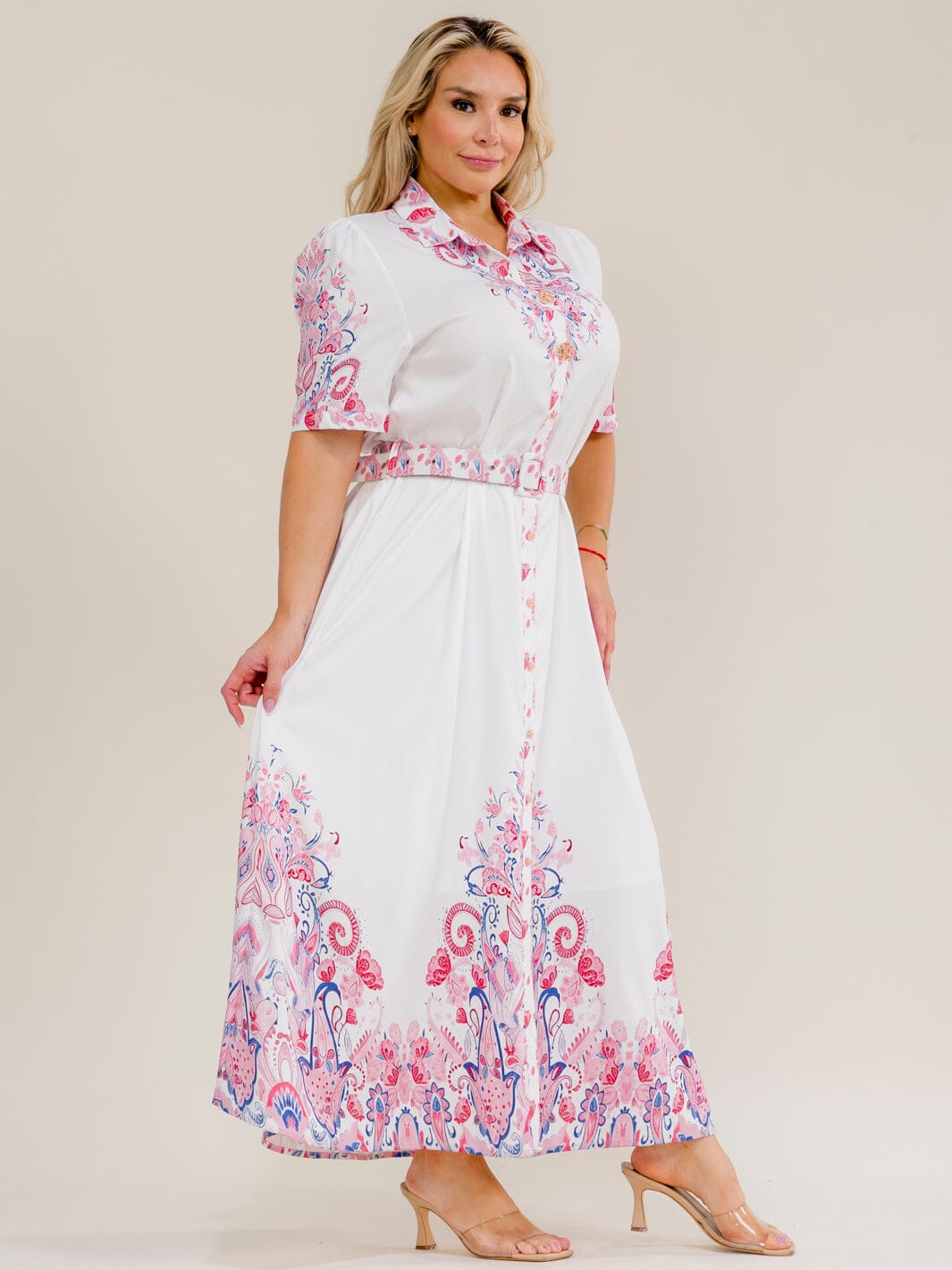 PLUS SIZE SHORT SLEEVE BUTTON UP BELTED FLORAL MAXI DRESS