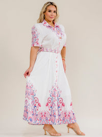 PLUS SIZE SHORT SLEEVE BUTTON UP BELTED FLORAL MAXI DRESS