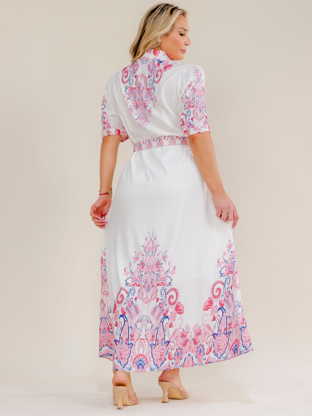 PLUS SIZE SHORT SLEEVE BUTTON UP BELTED FLORAL MAXI DRESS