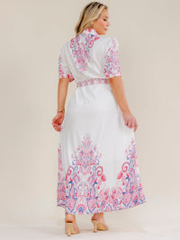 PLUS SIZE SHORT SLEEVE BUTTON UP BELTED FLORAL MAXI DRESS