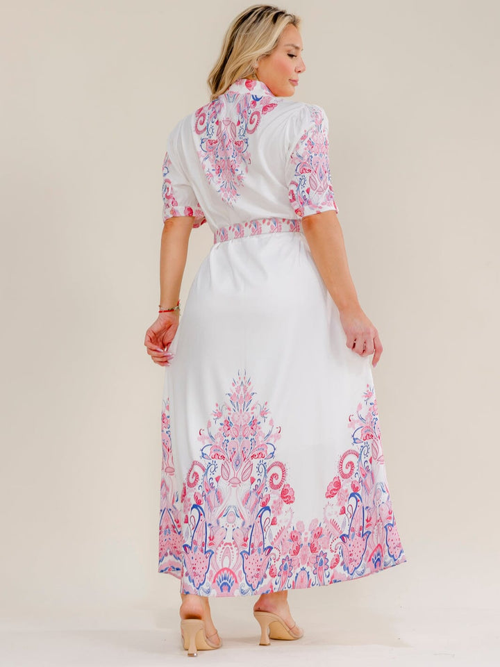 PLUS SIZE SHORT SLEEVE BUTTON UP BELTED FLORAL MAXI DRESS