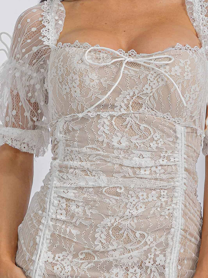 WOMEN'S SHORT SLEEVE RUCHED LACE BODYCON MINI DRESS