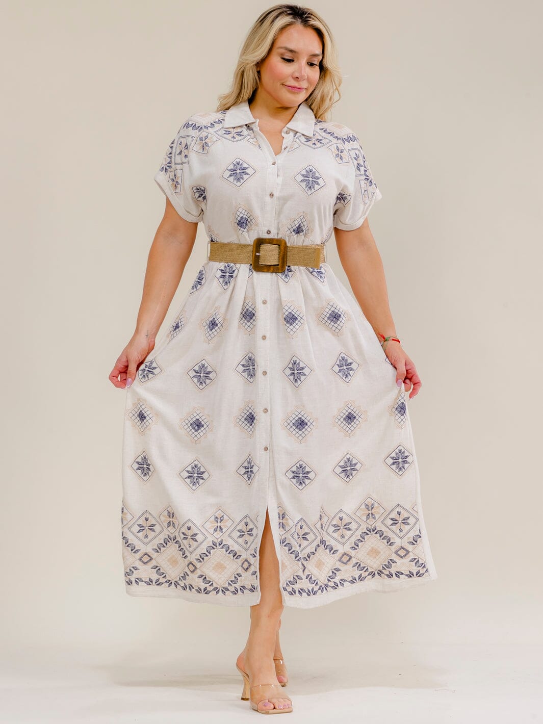 PLUS SIZE SHORT SLEEVE BUTTON UP BELTED EMBROIDERY MAXI DRESS