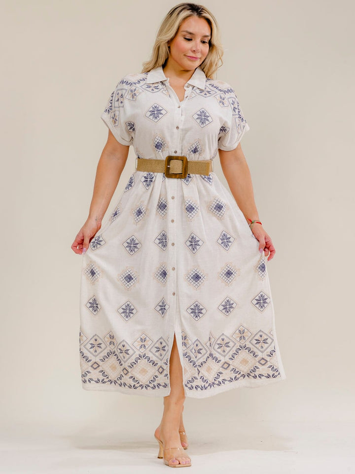 PLUS SIZE SHORT SLEEVE BUTTON UP BELTED EMBROIDERY MAXI DRESS