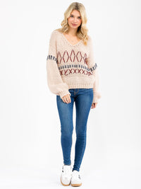 WOMEN'S LONG SLEEVE V-NECK DETAILED PULLOVER KNIT SWEATER
