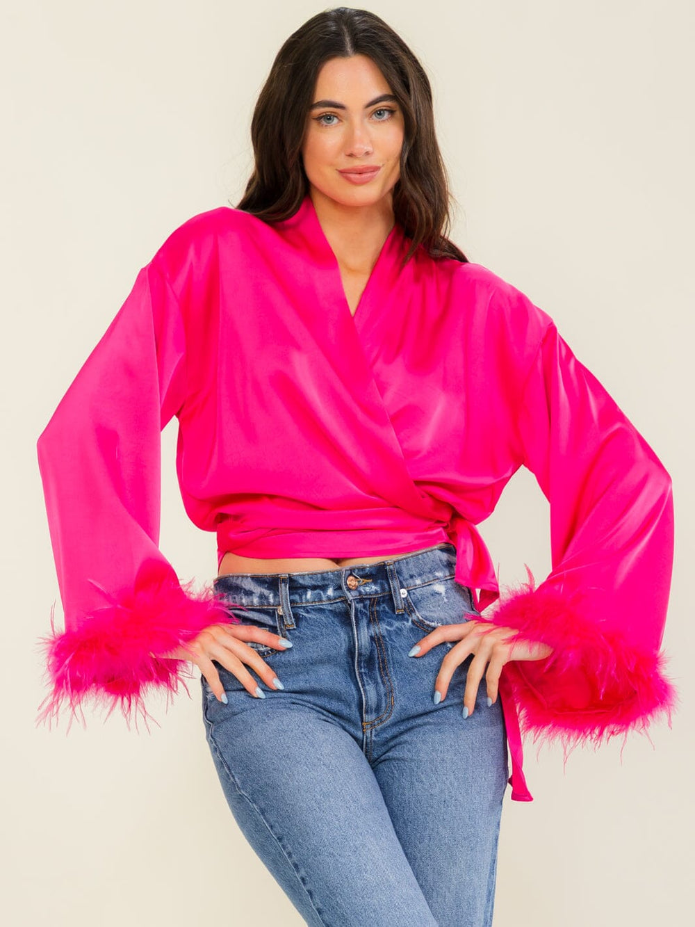 ENTRO WOMEN'S LONG FEATHER SLEEVE SELF TIE WRAP TOP