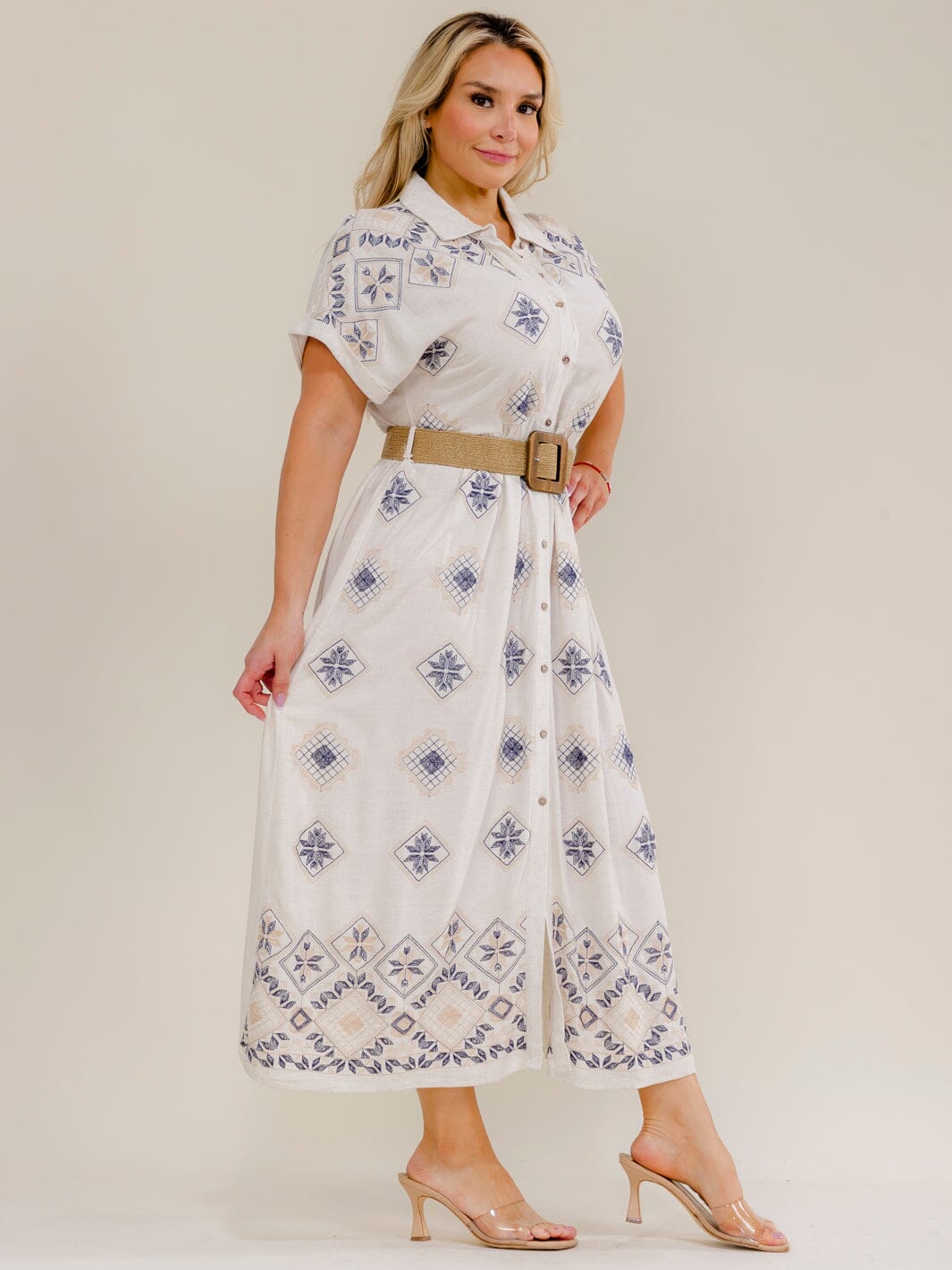 PLUS SIZE SHORT SLEEVE BUTTON UP BELTED EMBROIDERY MAXI DRESS