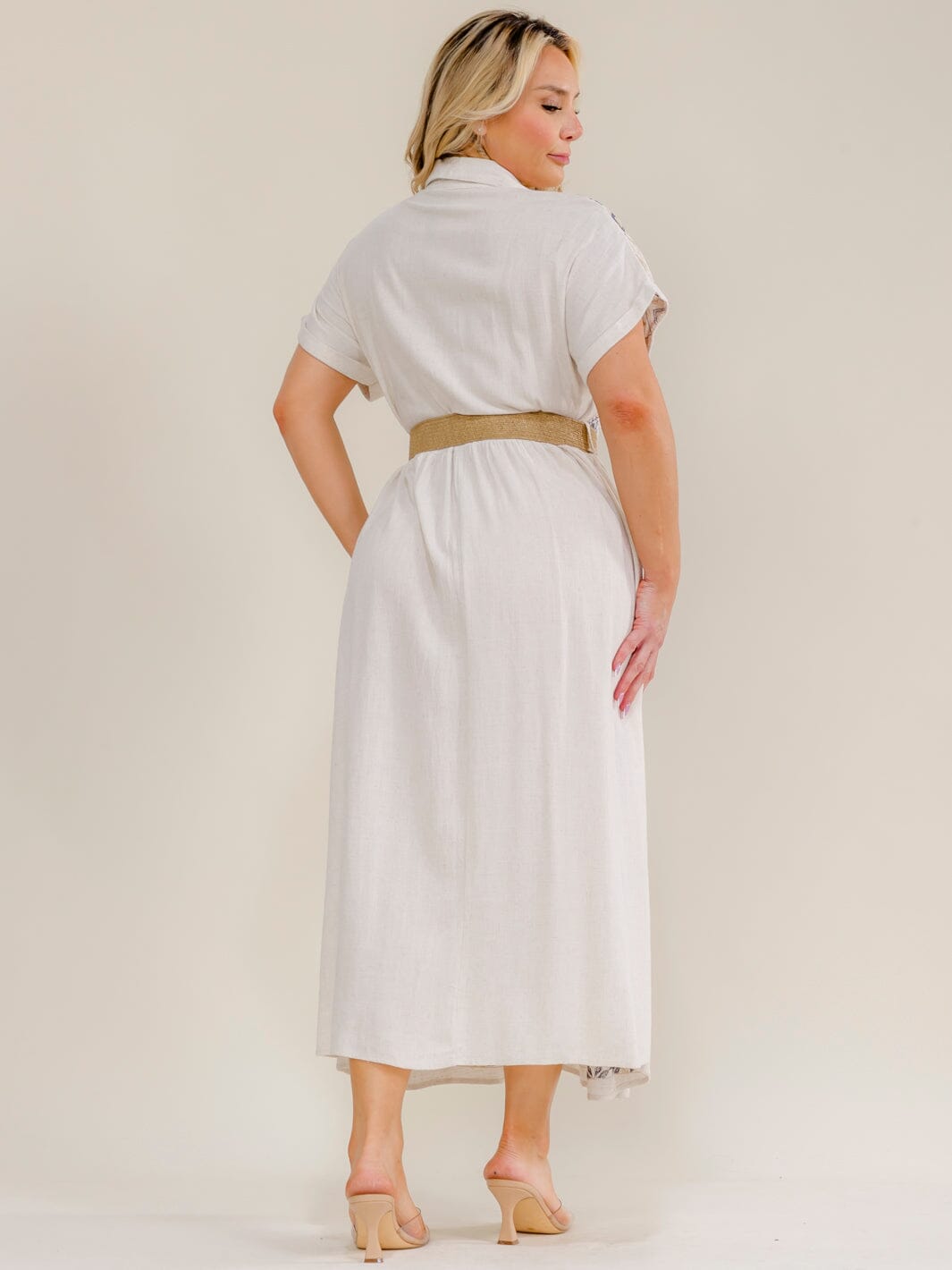 PLUS SIZE SHORT SLEEVE BUTTON UP BELTED EMBROIDERY MAXI DRESS