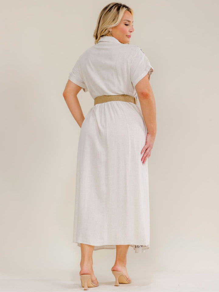 PLUS SIZE SHORT SLEEVE BUTTON UP BELTED EMBROIDERY MAXI DRESS
