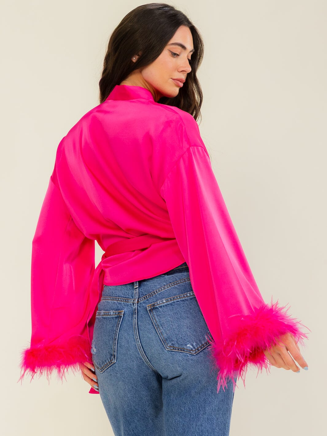 ENTRO WOMEN'S LONG FEATHER SLEEVE SELF TIE WRAP TOP