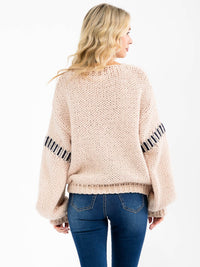 WOMEN'S LONG SLEEVE V-NECK DETAILED PULLOVER KNIT SWEATER