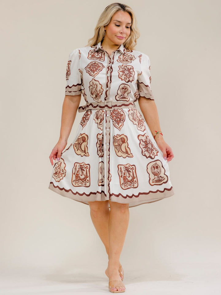 PLUS SIZE SHORT SLEEVE BUTTON UP BELTED MULTI PRINT MIDI DRESS