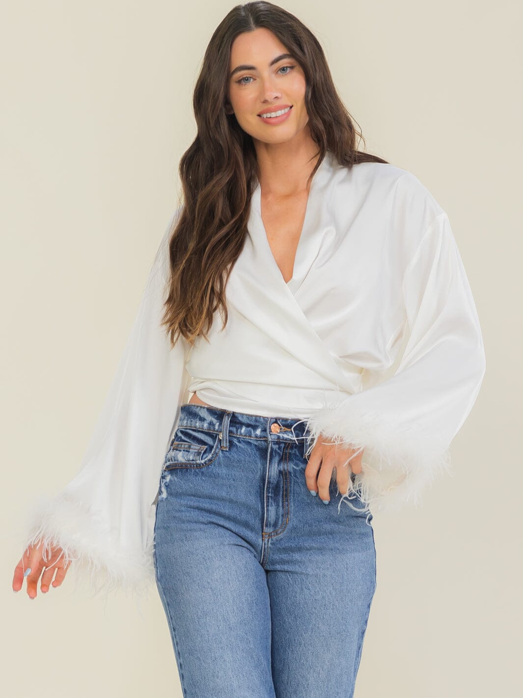 ENTRO WOMEN'S LONG FEATHER SLEEVE SELF TIE WRAP TOP