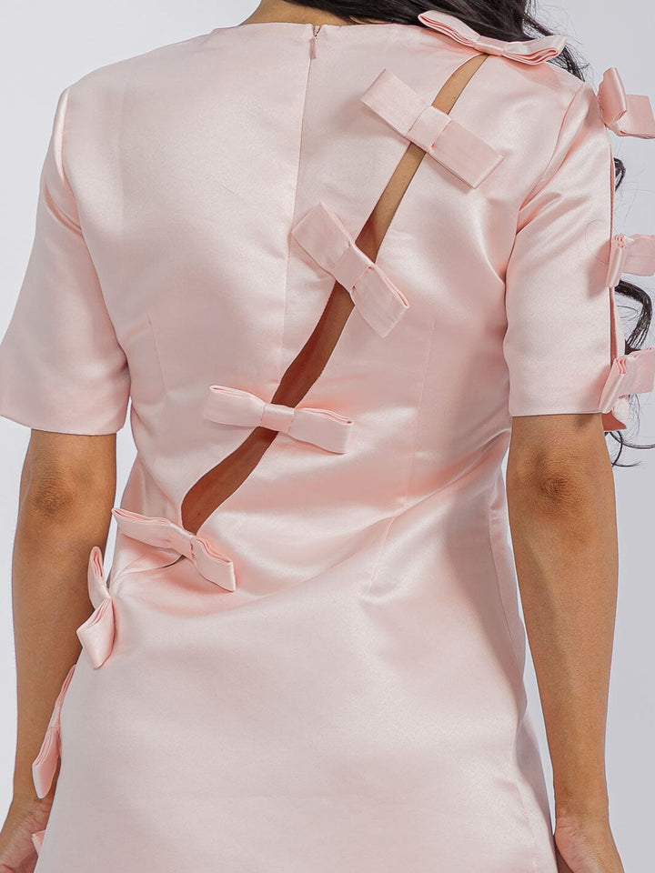 WOMEN'S SHORT SLEEVE BACK BOW DETAILED SATIN MINI DRESS