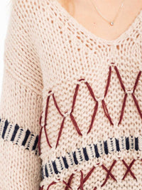 WOMEN'S LONG SLEEVE V-NECK DETAILED PULLOVER KNIT SWEATER
