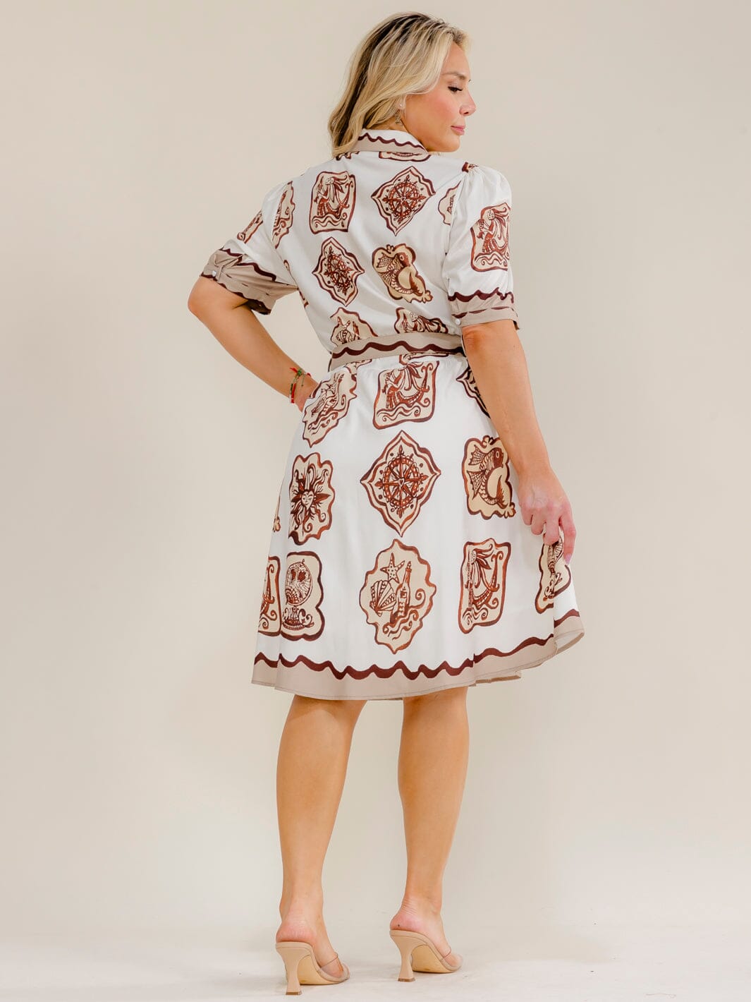 PLUS SIZE SHORT SLEEVE BUTTON UP BELTED MULTI PRINT MIDI DRESS