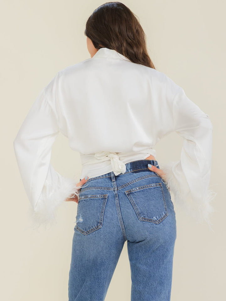 ENTRO WOMEN'S LONG FEATHER SLEEVE SELF TIE WRAP TOP