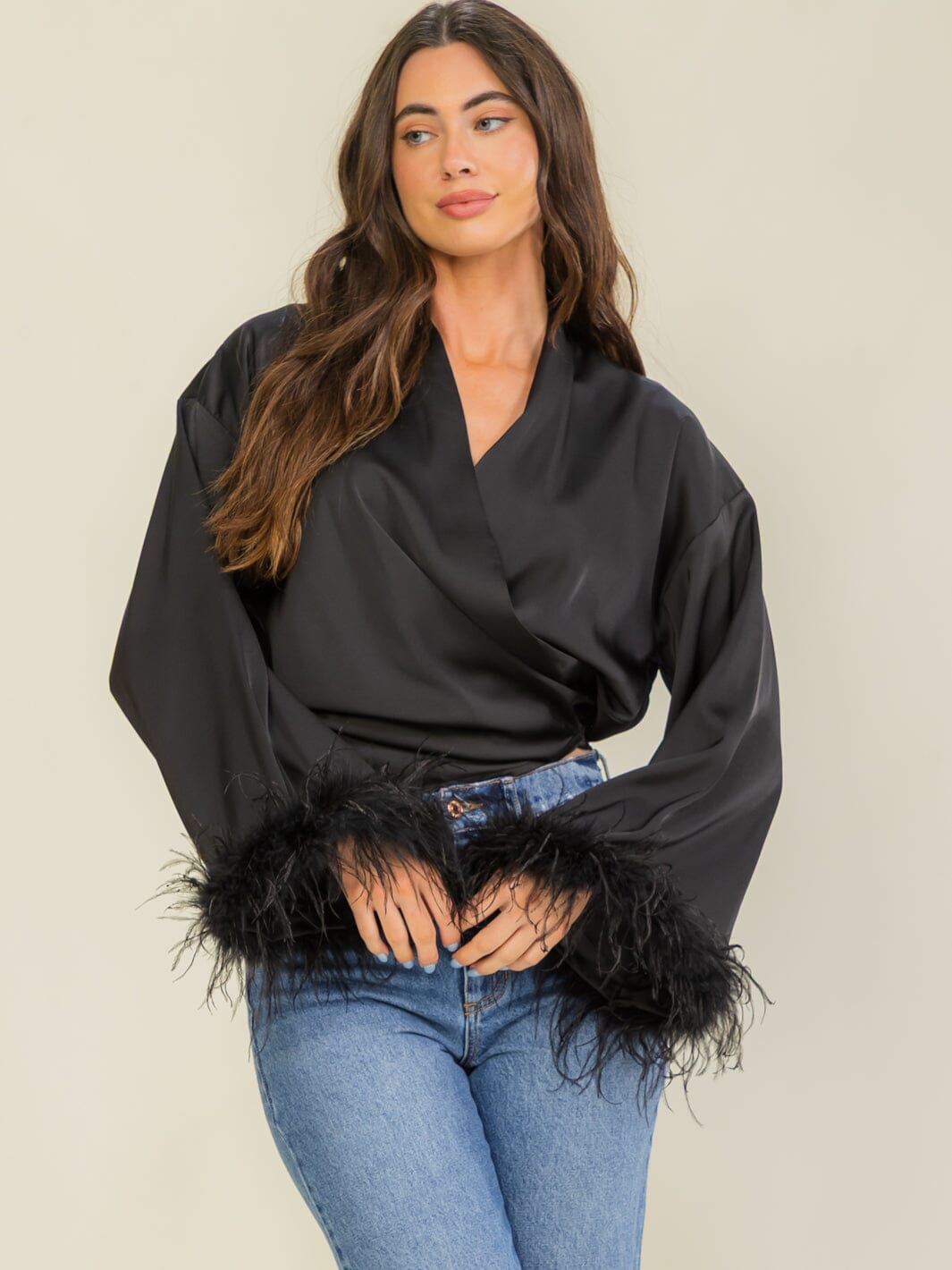 ENTRO WOMEN'S LONG FEATHER SLEEVE SELF TIE WRAP TOP