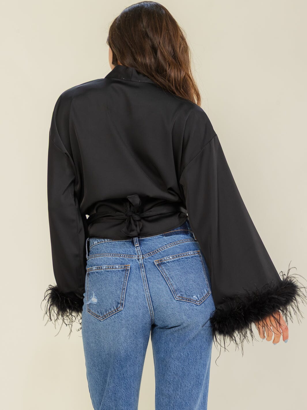 ENTRO WOMEN'S LONG FEATHER SLEEVE SELF TIE WRAP TOP