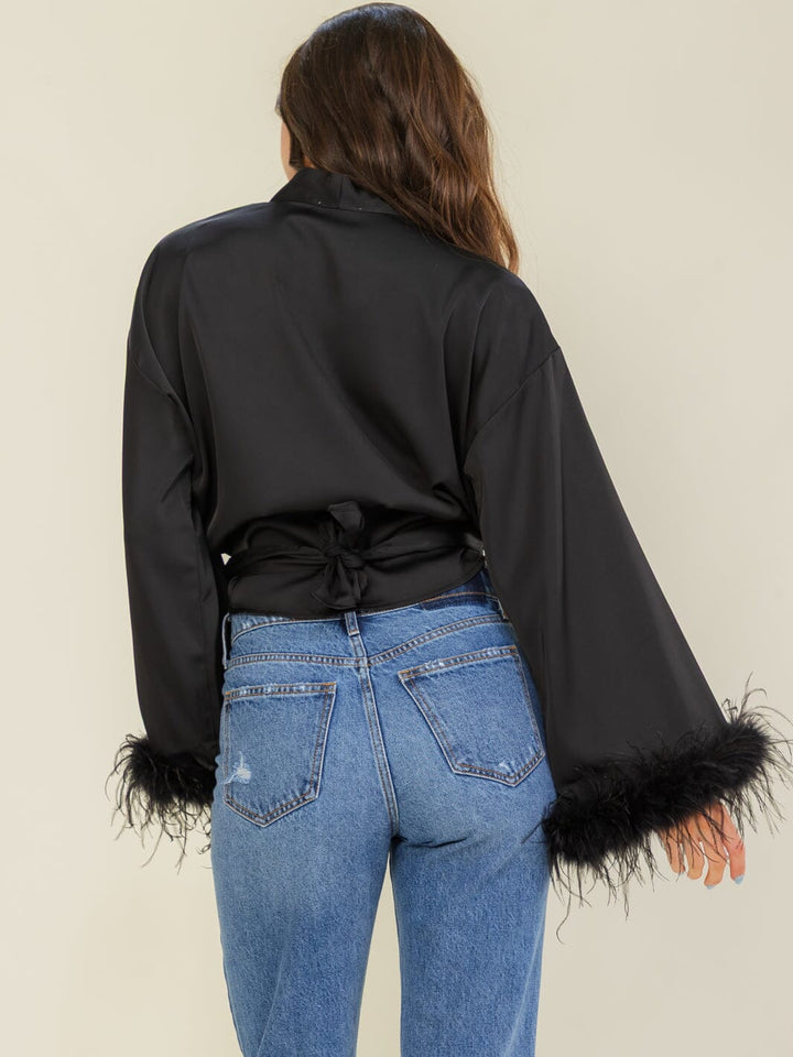 ENTRO WOMEN'S LONG FEATHER SLEEVE SELF TIE WRAP TOP