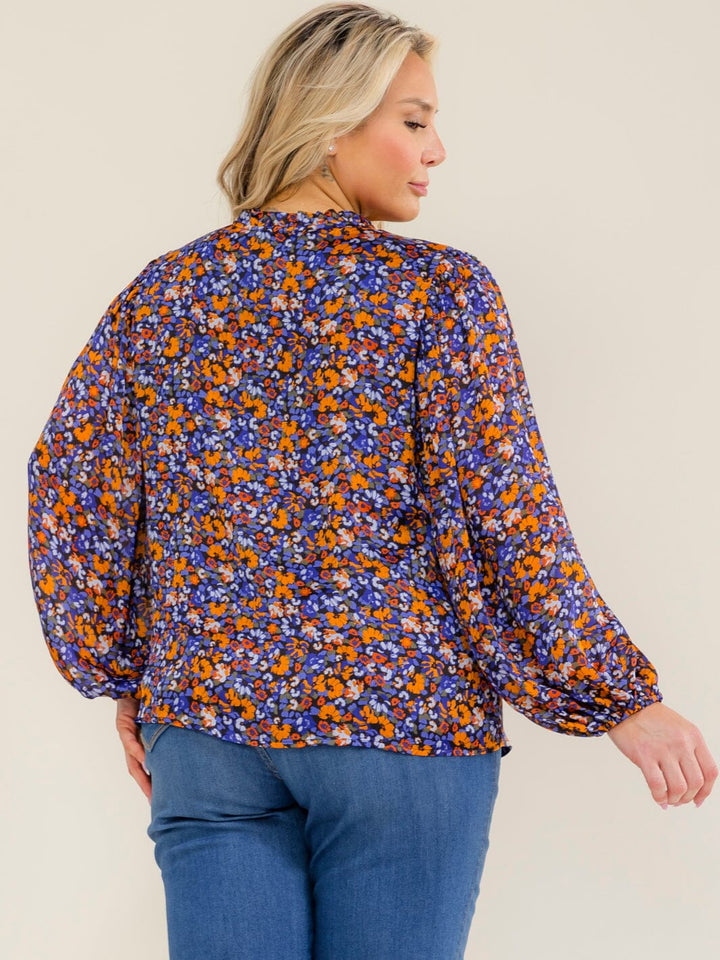 PLUS SIZE LONG SLEEVE V-NECK FLORAL PRINT BLOUSE