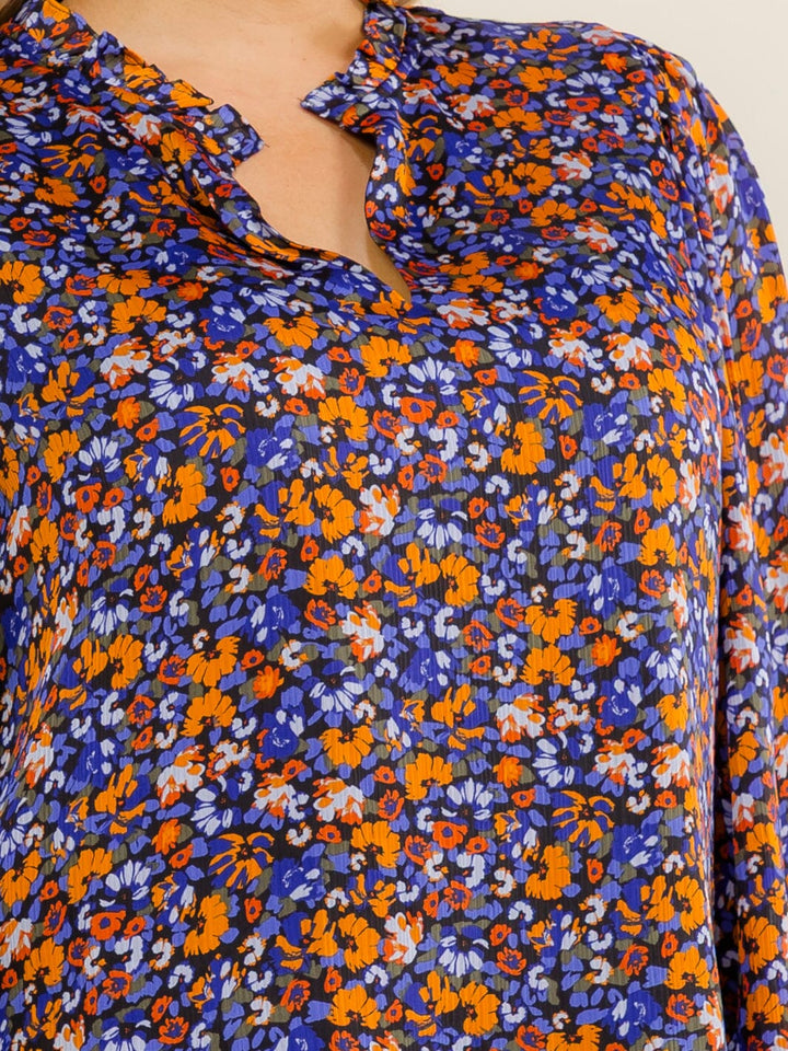 PLUS SIZE LONG SLEEVE V-NECK FLORAL PRINT BLOUSE