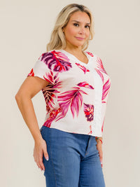 PLUS SIZE SHORT SLEEVE V-NECK LEAF PRINT BLOUSE