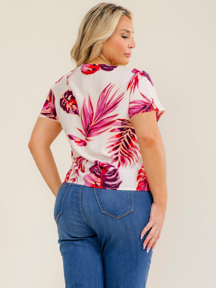 PLUS SIZE SHORT SLEEVE V-NECK LEAF PRINT BLOUSE