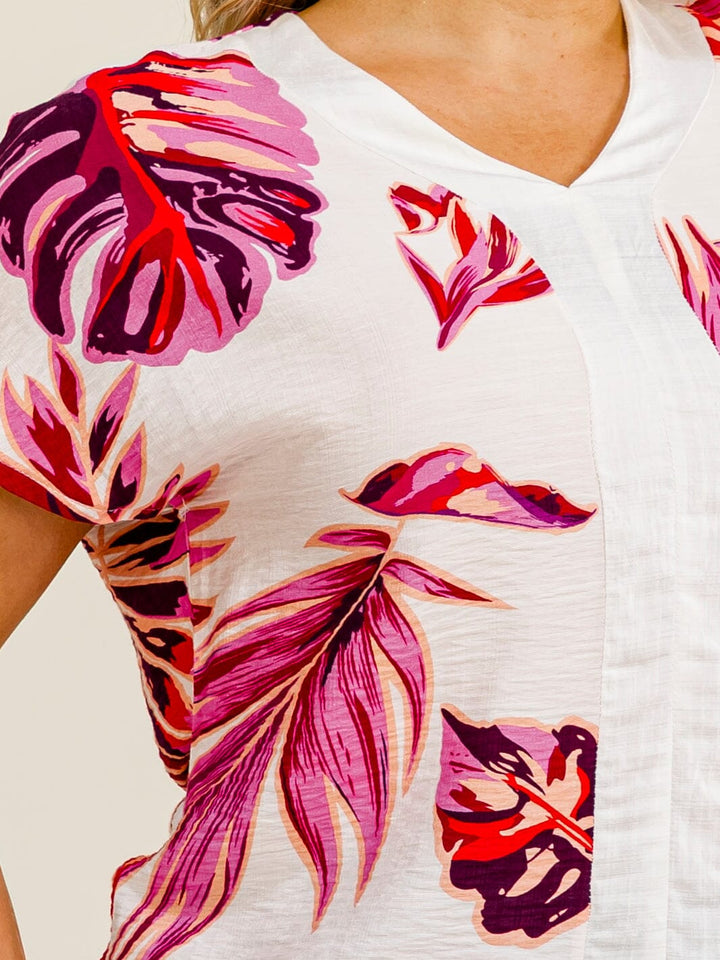 PLUS SIZE SHORT SLEEVE V-NECK LEAF PRINT BLOUSE