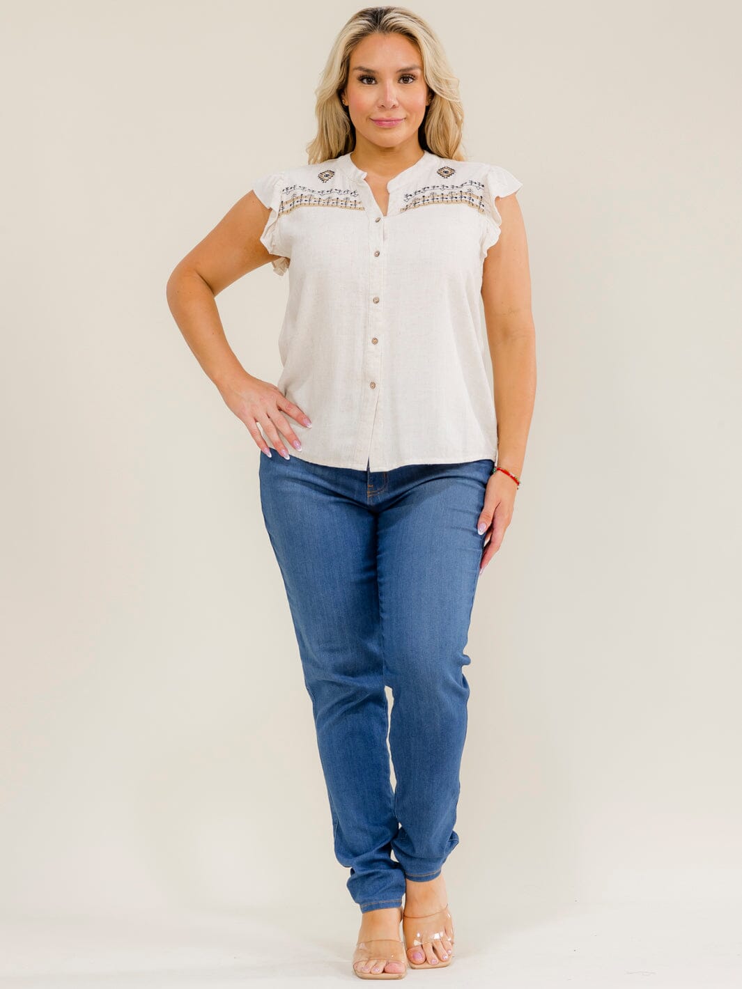 PLUS SIZE RUFFLE SLEEVE V-NECK BUTTON UP EMBROIDERY LINEN BLOUSE