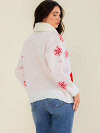 WOMEN'S LONG SLEEVE SHERPA COLLAR CHRISTMAS REINDEER PULLOVER SWEATER