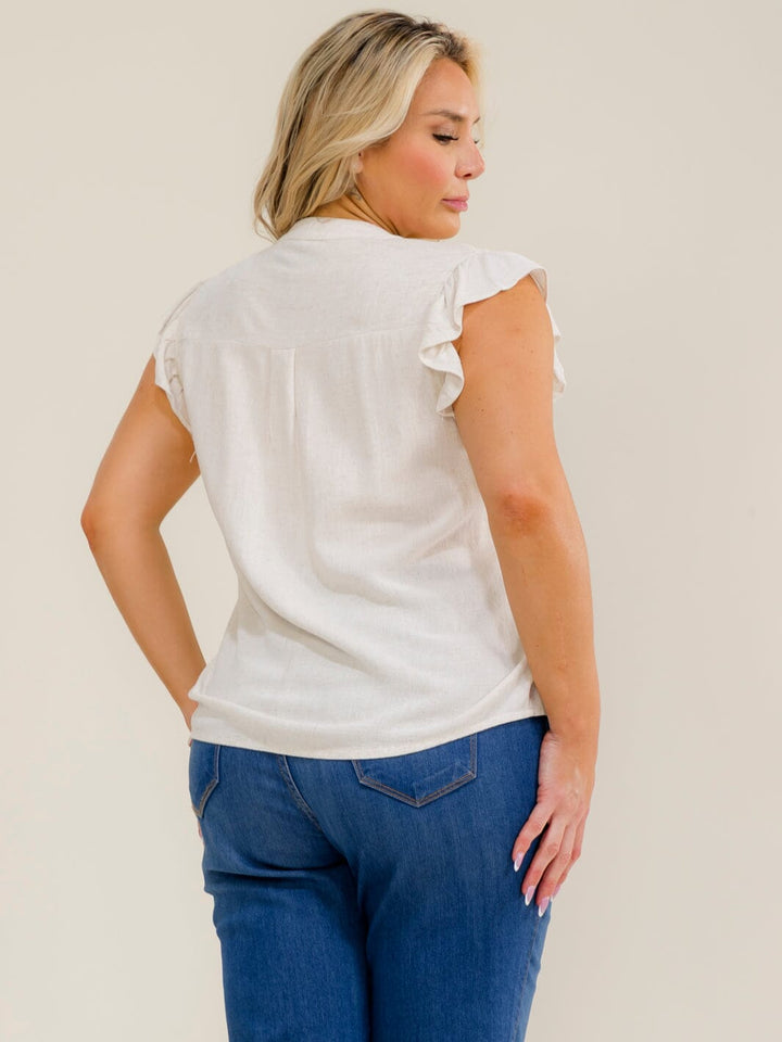 PLUS SIZE RUFFLE SLEEVE V-NECK BUTTON UP EMBROIDERY LINEN BLOUSE