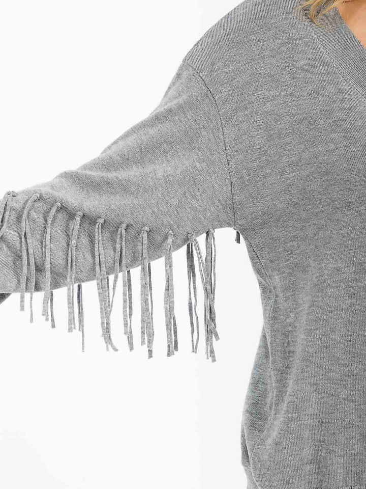 WOMEN'S LONG SLEEVE V-NECK FRINGE PULLOVER SWEATER