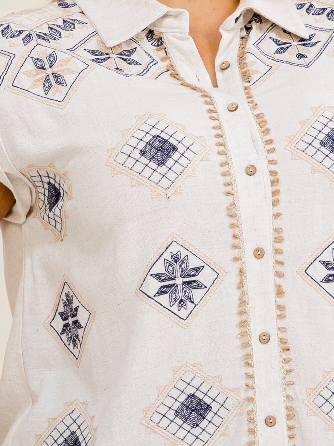 PLUS SIZE SHORT SLEEVE V-NECK BUTTON UP EMBROIDERY LINEN BLOUSE