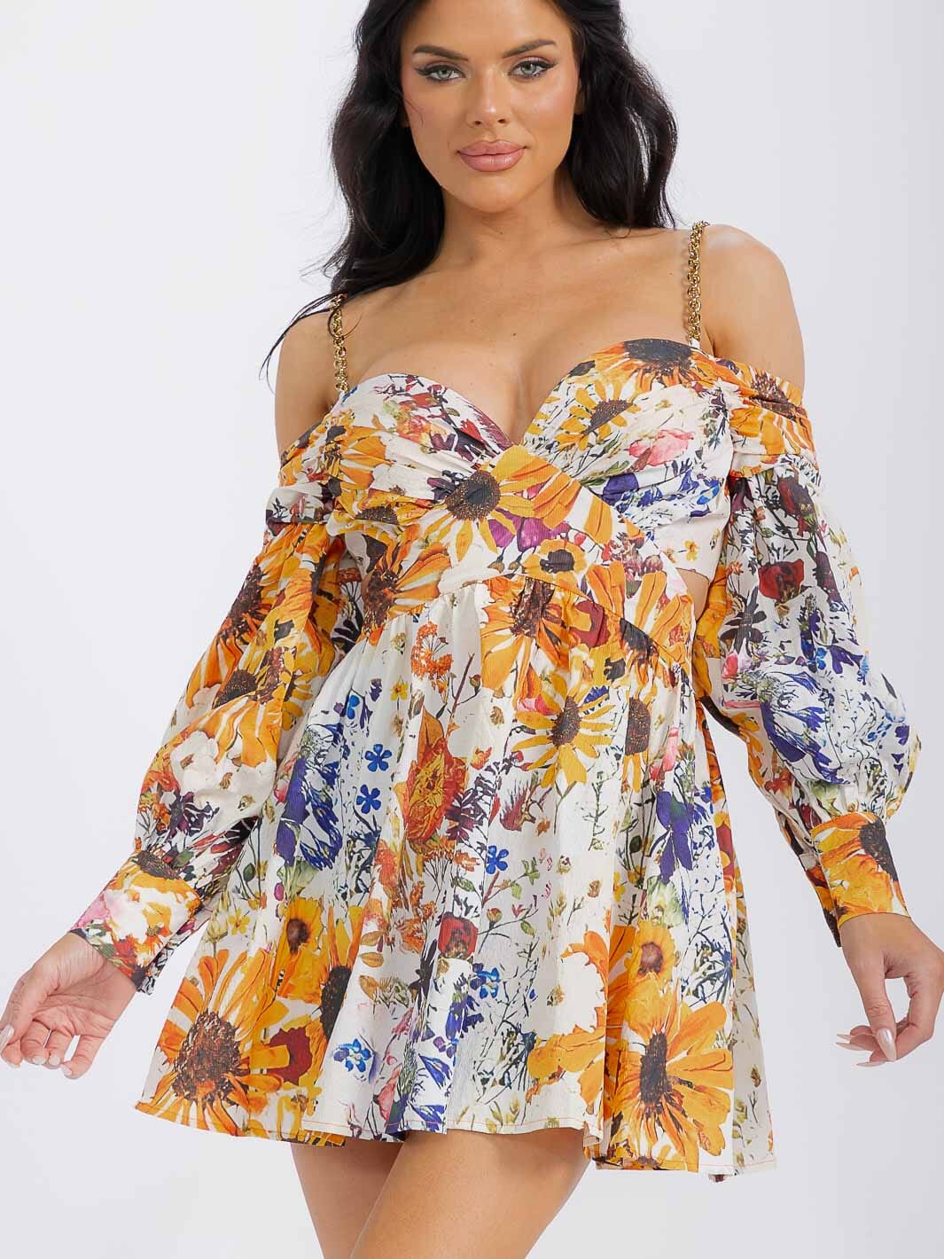 WOMEN'S OFF SHOULDER LONG SLEEVE CUT OUT FLORAL MINI DRESS