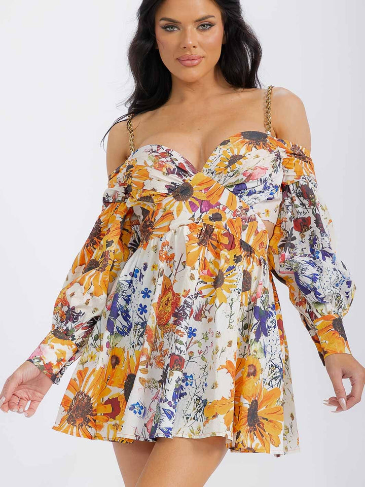 WOMEN'S OFF SHOULDER LONG SLEEVE CUT OUT FLORAL MINI DRESS
