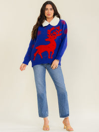 WOMEN'S LONG SLEEVE SHERPA COLLAR CHRISTMAS REINDEER PULLOVER SWEATER