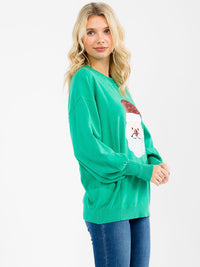 WOMEN'S LONG SLEEVE SANTA GRAPHIC PULLOVER SWEATER
