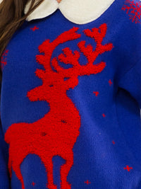 WOMEN'S LONG SLEEVE SHERPA COLLAR CHRISTMAS REINDEER PULLOVER SWEATER
