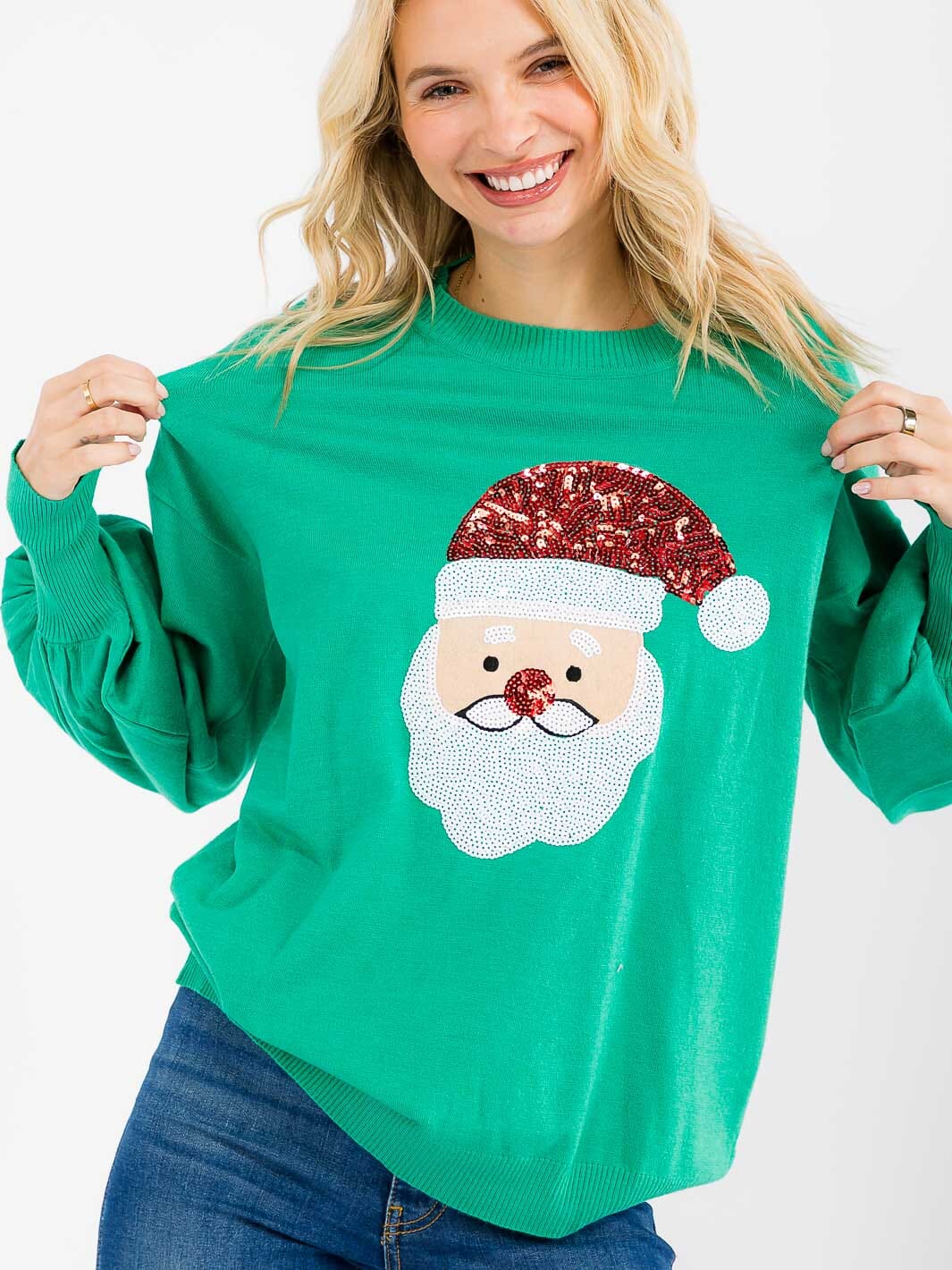 WOMEN'S LONG SLEEVE SANTA GRAPHIC PULLOVER SWEATER