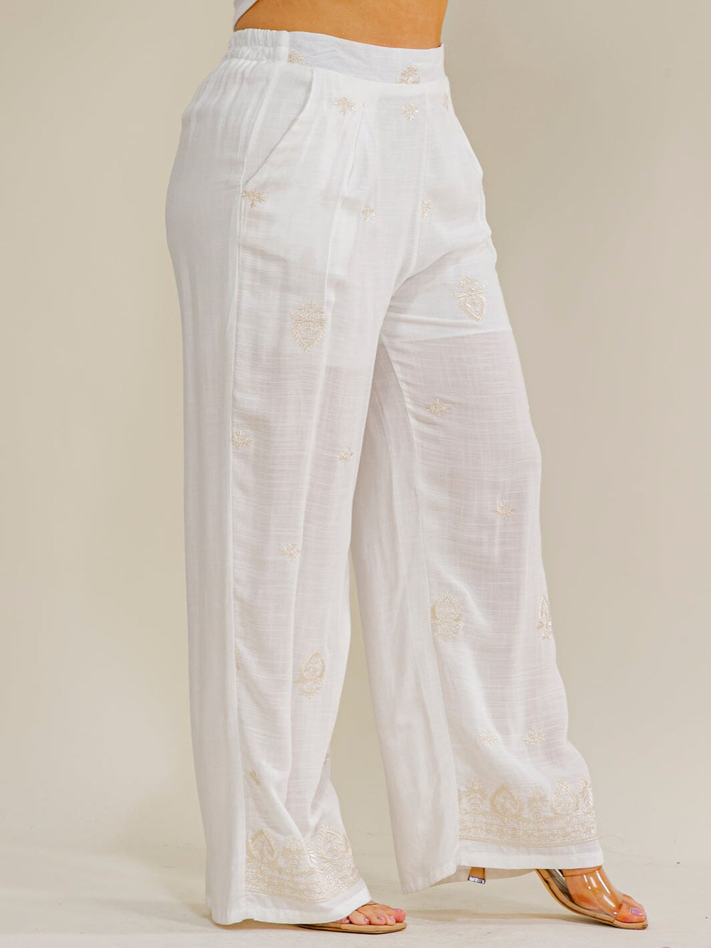PLUS SIZE ELASTIC WAIST FRONT POCKETS EMBROIDERY WIDE LEG PANTS