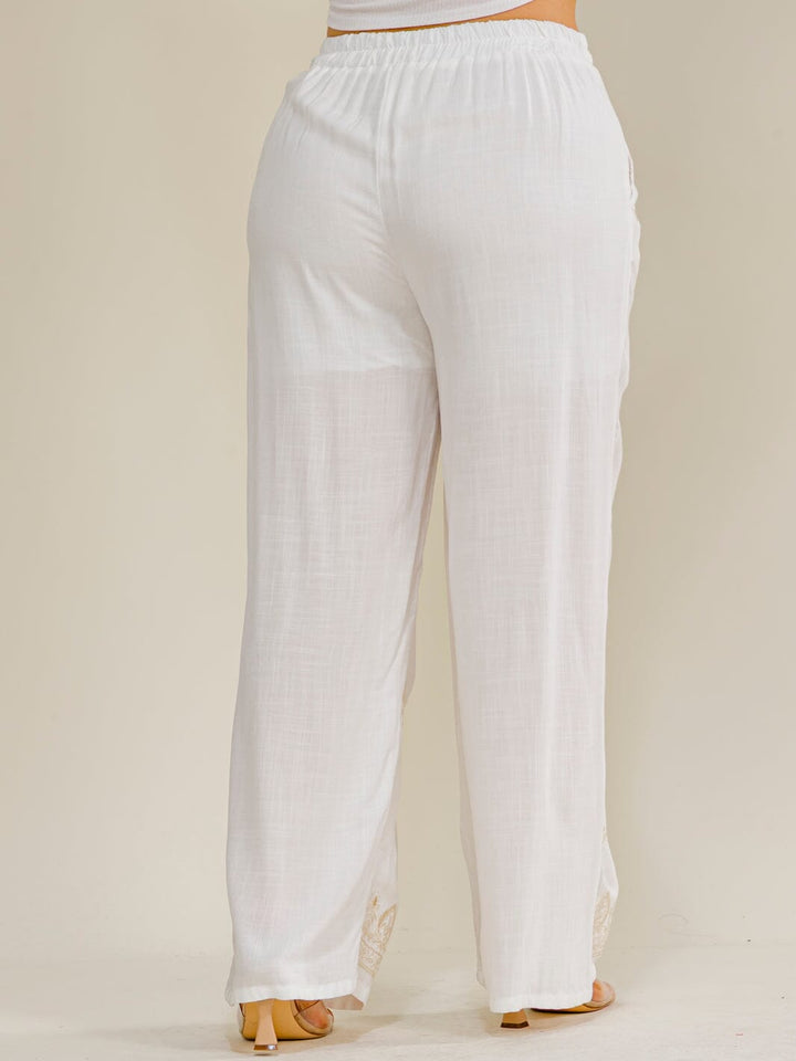 PLUS SIZE ELASTIC WAIST FRONT POCKETS EMBROIDERY WIDE LEG PANTS